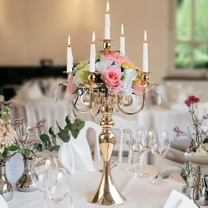 2PCS Gold 5-Arm Candelabra Centerpiece - 20.3" Tall Metal Candle Holder for Wedding, Party & Home Decor - Vintage Table Centerpiece for Events, Dining Room, Church Decorations