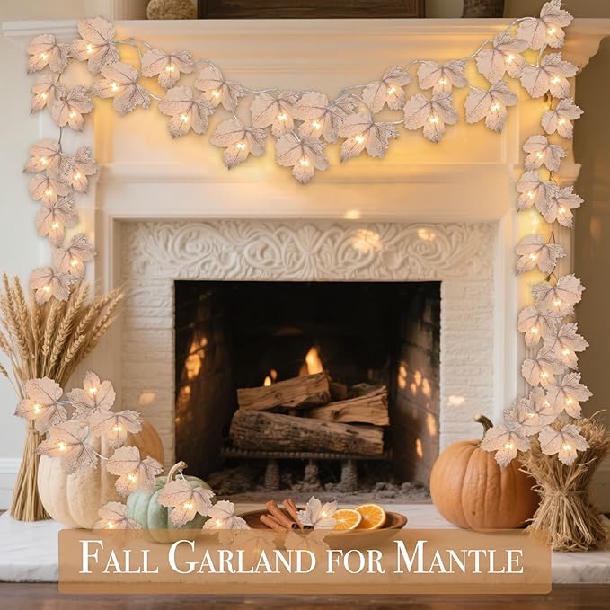 5 Pack Thanksgiving Garland with Lights Maple Leaf String Lights - Total 32.5 Ft Fall Leaf Garland String Lights with 100LED Battery Operated Decor for Fireplace Thanksgiving Table Decorations Indoor