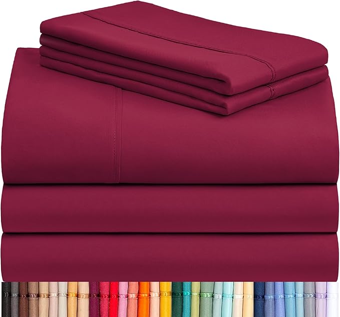 LuxClub 5 PC Split King Sheet Set, Breathable Luxury Bed Sheets, Deep Pockets Wrinkle Free Cooling Sheets Machine Washable Hotel Bedding Silky Soft - Burgundy Split King