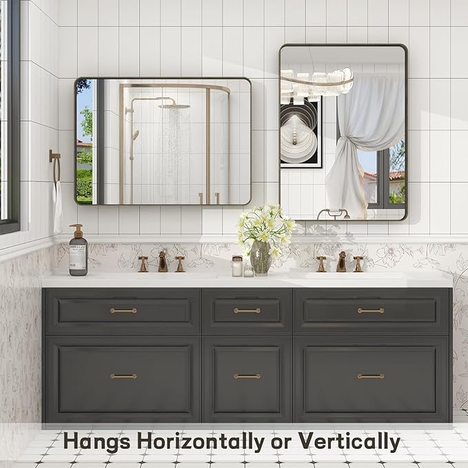 24x36 Inch Bronze Framed Bathroom Mirror, Rectangle Brushed Bronze Metal Vanity Mirror, Small Modern Wall Mirror, Rounded Corner, Tempered Glass, Anti-Rust, Shatterproof (Horizontal/Vertical)