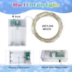 4 Pack 20FT 60LED Christmas Battery Operated Fairy Lights with Timer, Waterproof Battery String Lights Outdoor Indoor, Battery Twinkle Light for Bedroom Wedding Birthday Party Chirstmas (Blue)