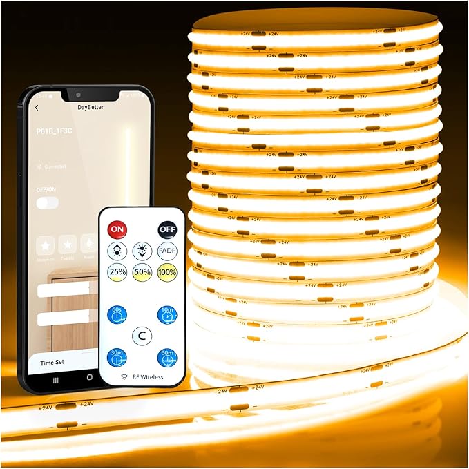 DAYBETTER COB Led Strip Light, Led Light Strips with Remote and App, 16.4 ft 3000K Dimmable Warm White Led COB Light Strip, Indoor COB Led Lights for Bedroom, TV, Mirror, Ceiling, Cabinet, Closet
