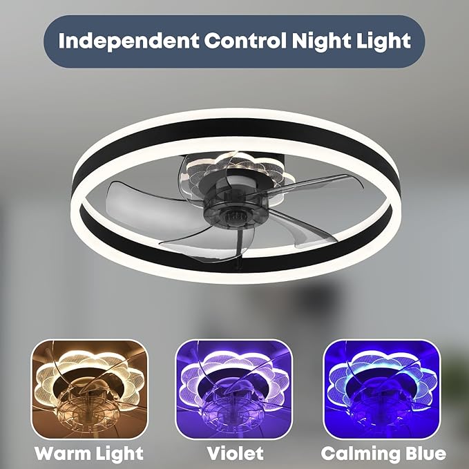 Ceiling Fan with Light, Upgraded 20‘’ Low Profile Fan, Flush Mount Ceiling Fan, 6 Speeds, Dimmable LED, App & Remote Control, Quiet DC Motor, for Bedroom, Living Room, F105 Black-D