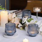 12 Pcs Large Blue Votive Candle Holders- 3.15"×3.15" Ribbed Blue Candle Holders, Blue Tea Lights Candle Holders for Dusty Blue Wedding Decor, Bridal Shower Decorations, Blue Centerpieces for Tables