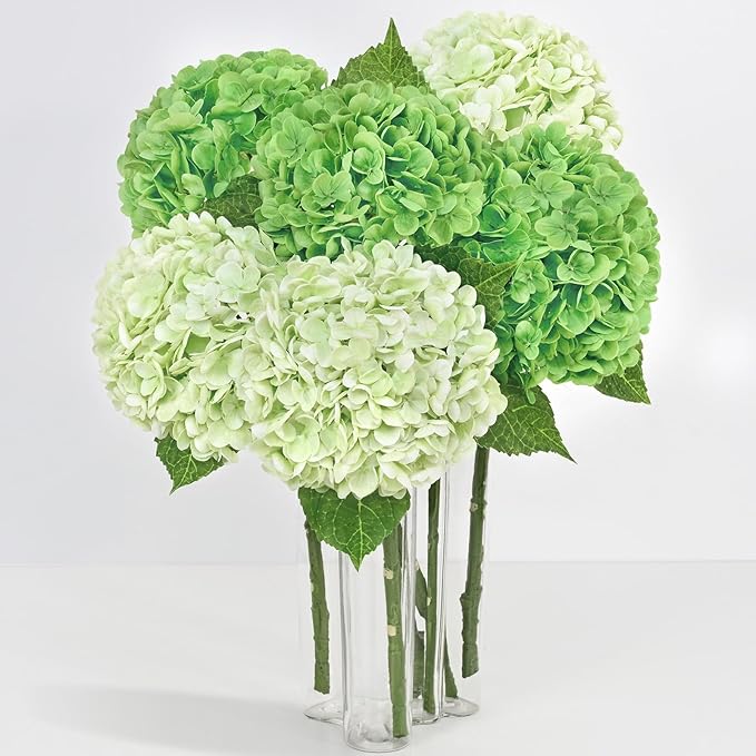6 Pcs Real Touch Hydrangea Artificial Flowers, 21" Light Green & Dark Green Full Faux Hydrangea Flowers Latex Fake Flowers for Home Decor Party Floral Arrangements Wedding Bouquets Outdoor Decor