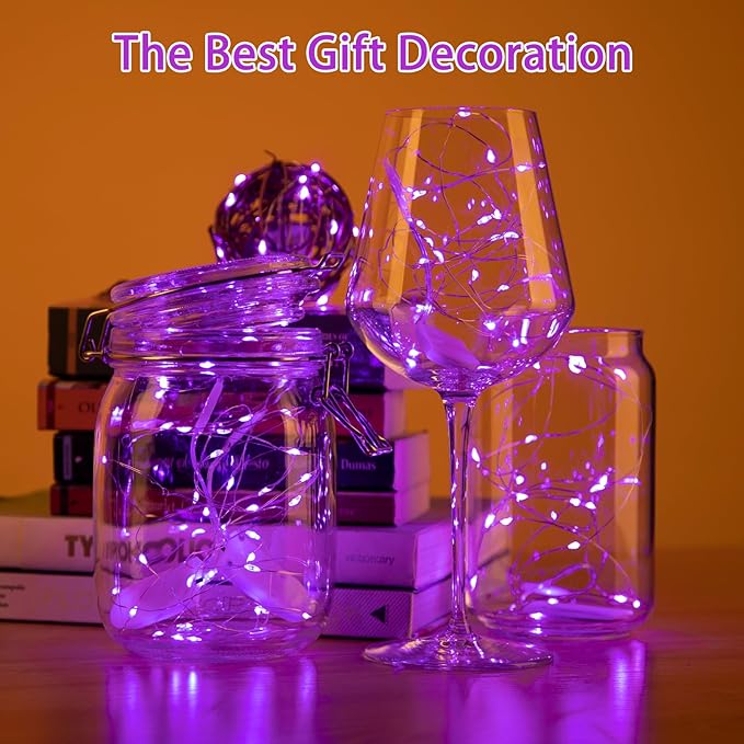 6 Pack LED Fairy Lights 7ft Battery Powered Waterproof Silver Wire 20 Led Mini String Mason Jar Lights for DIY Wedding Party Bedroom Patio Easter Christmas (Purple)