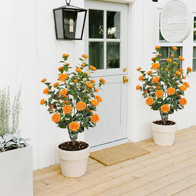 43.3"/3.6FT Artificial Tree with Camellia Flowers Fake Fall Tree with 32 Blooming Flowers Orange Tree for Autumn Home Front Door Outdoor Indoor Decor (Including Dried Moss)