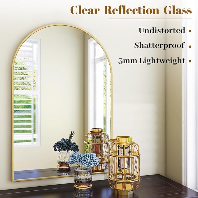VooBang Arched Wall Mirror, 24 x 36 inch Arch Bathroom Mirror, Wall Mounted Vanity Mirror with Arch Metal Frame, Modern Bathroom Vanity Mirror for Bedroom, Living Room, Hanging or Leaning, Gold