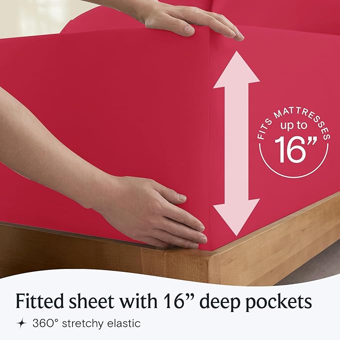 LuxClub 4 PC Sheet Set Bed Sheets Deep Pockets 16" Eco Friendly Wrinkle Free Cooling Machine Washable Hotel Bedding Silky Soft - Red King