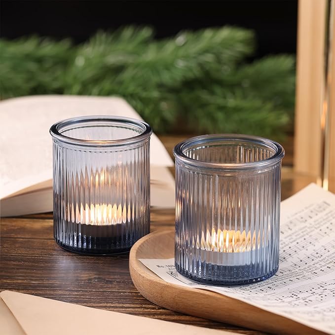 32Pcs Ribbed Blue Votive Candle Holders, Tea Light Candle Holders for Table Centerpiece, Blue Candle Holders for Wedding Decor,Home and Holiday Decor
