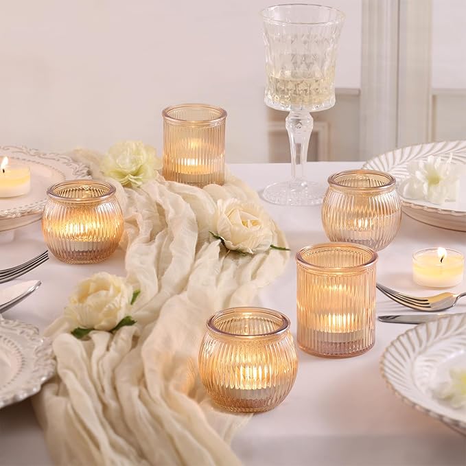 24pcs Ribbed Assorted Gold Votive Candle Holders for Table Centerpiece, Tea Lights Candle Holder Glass, Gold Candle Holders for Wedding Table Decor, Party and Holiday Decorations