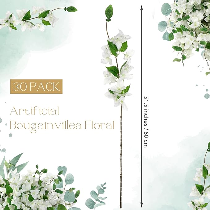 30 Pcs Artificial Faux Bougainvillea Fake Flower Silk Bougainvillea Branches UV Resistant Outdoor Indoor Decoration for Wedding Home Centerpieces Outside Decor (White)