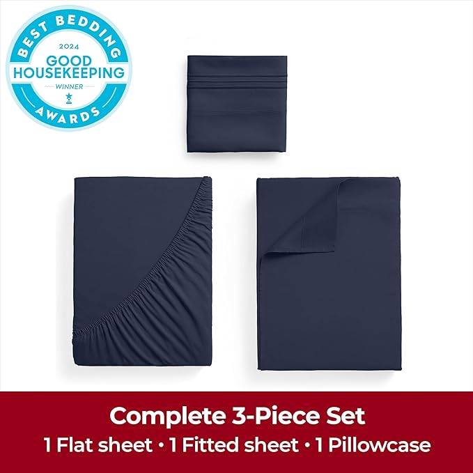 Mellanni Extra Deep Twin Sheets - 3 PC Iconic Collection Bedding - Hotel Luxury, Ultra Soft, Cooling Bed Sheets - Wrinkle, Fade, Stain Resistant (Twin, Navy Blue)