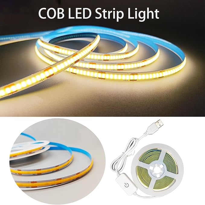 A 5V USB LED Light Strip, COB LED Strip Lights, White 5V LED Lights, Small LED Strip Light, TV Lights for TV Under Cabinet Kitchen Living Room Shelving or Displays (Warm 3.28ft)
