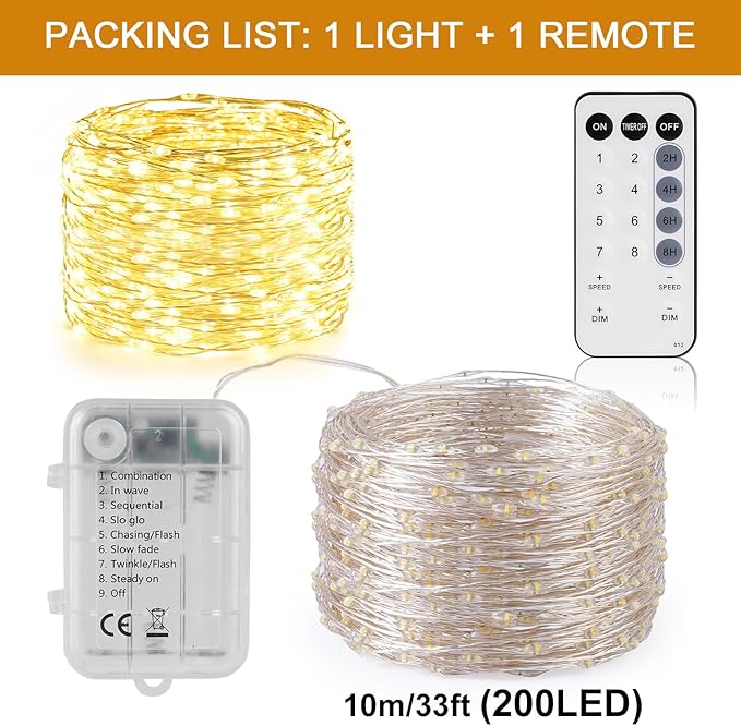 33FT 200 LED Fairy Lights Battery Operated with Timer & Remote, 8 Modes Dimmable Twinkle Lights, Waterproof Warm White Fairy String Lights for Outdoor Patio Wedding Mason Jar Party Bedroom Classroom