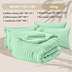 HYMOKEGE Mint Green King Size Comforter Set Seersucker 7 Pieces, All Season Luxury Bed in a Bag for Bedroom, Bedding Set with Comforter, Sheets, Pillowcases & Shams