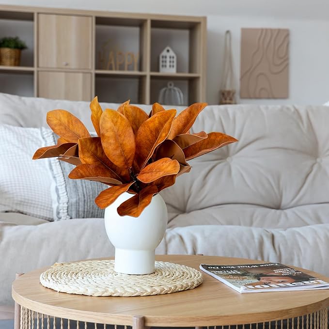 4 Pcs Fall Magnolia Silk Leaves Branches 22 Inch 3D Real Touch Autumn Faux Magnolia Stems Fake Orange Leaves Twigs for Indoor Outdoor Vase Filling Home Wedding Decoration