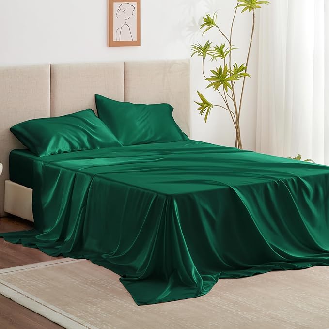 Love's cabin Full Size Satin Sheet Set - 4 Piece Dark Green Silky Satin Sheet Set with Deep Pocket, Luxury Silk Feel Satin Bed Sheets Full Bedding Set (1 Flat Sheet,1 Fitted Sheet,2 Pillow Cases)