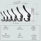 Dseap Coat Rack Wall Mounted - 24" Long 6 Tri Hooks, Heavy Duty Wooden Wall Coat Hanger Coat Hook for Clothes Hat Jacket Clothing, White and Black, Pack of 2