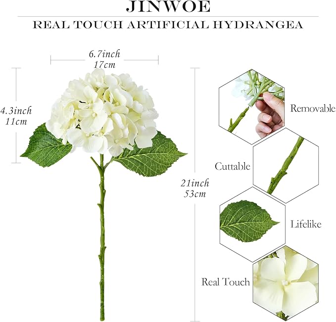 4PCS White/Cream Hydrangea Artificial Flowers, 21" Lifelike Latex Silk Real Touch Faux Hydrangea Flowers, Artificial Hydrangeas Bouquet for Wedding Centerpieces Tables Party Home