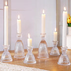 6 Pcs Clear Glass Candlestick Holders (3.5"/6", Assorted)- Tall Taper Candle Holders with Vintage Design, Candle Stick Holders in Bulk for Party Decorations, Glass Candle Holder for Tapered Candles