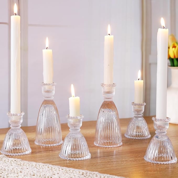 6 Pcs Clear Glass Candlestick Holders (3.5"/6", Assorted)- Tall Taper Candle Holders with Vintage Design, Candle Stick Holders in Bulk for Party Decorations, Glass Candle Holder for Tapered Candles