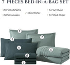Monbix Queen Comforter Set - 7 Pieces Sage Green Bed in a Bag Queen Bedding Sets with Comforters, All Seasons Comforter Bed Set with Sheets,Pillowcases & Shams