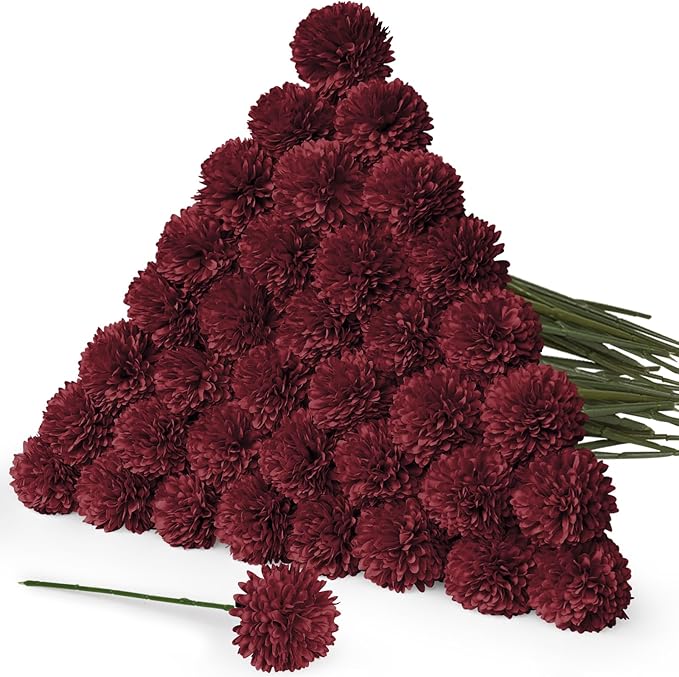 36 Pcs Burgundy Artificial Chrysanthemums Flowers Red Fake Mums Silk Ball Flowers for Fall Home Decor Wedding Table Centerpiece Christmas Floral Arrangements (Burgundy)