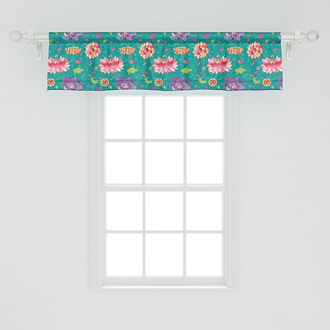 Ambesonne Floral Window Valance Pack of 2, Pattern with Lotus Flowers Peonies and Chrysanthemums Oriental Motifs Garden Art, Rod Pocket Curtain Valances for Kitchen Bedroom, 42" X 12", Teal