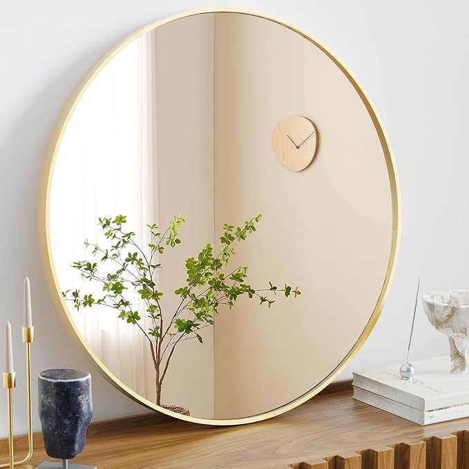 Sweetcrispy 30in Round Bathroom Mirrors for Wall, Bathroom Mirrors for Over Sink, Wall Decor for Bathroom, Entryway, Bedroom, Vanity, Classical Gold
