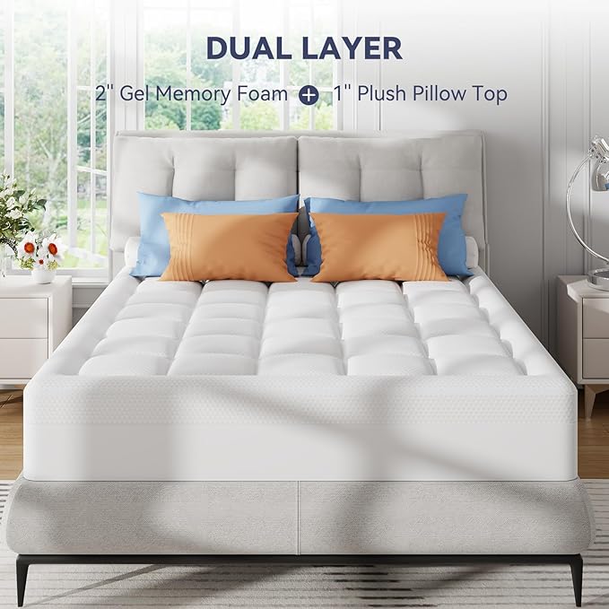 ELEMUSE Full Size Dual Layer 3 Inch Memory Foam Mattress Topper for Pressure Relief, Breathable Pillow Top Mattress Pad with Deep Pocket, Enhanced Support, Non-Slip Design & Removable & Washable