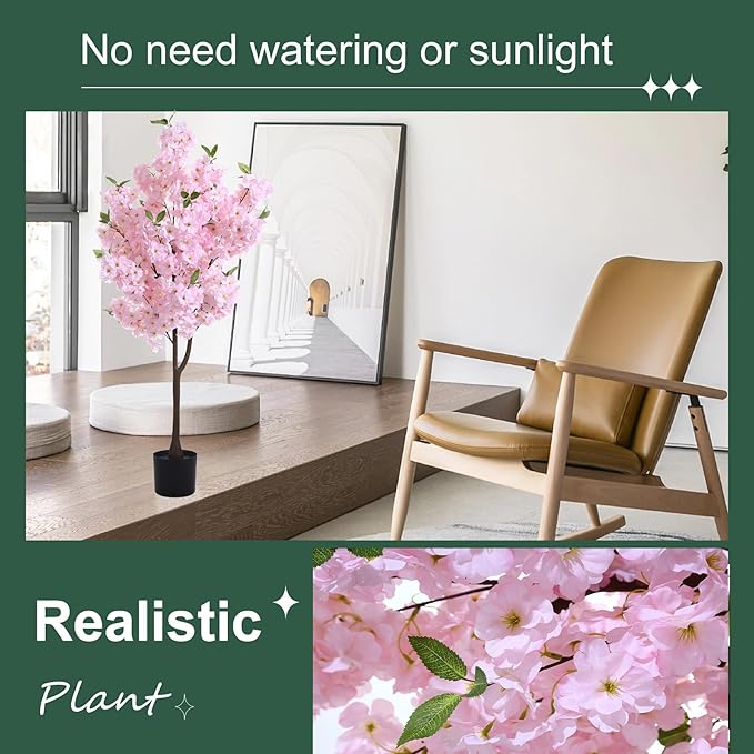 Artificial Cherry Blossoms Tree with Blooming Pink Flowers for Indoor Home Decor, Japanese Style Faux Plant for Living Room, Office, Bedroom - Tall Fake Tree with Branches, Outdoor Decoration 4FT