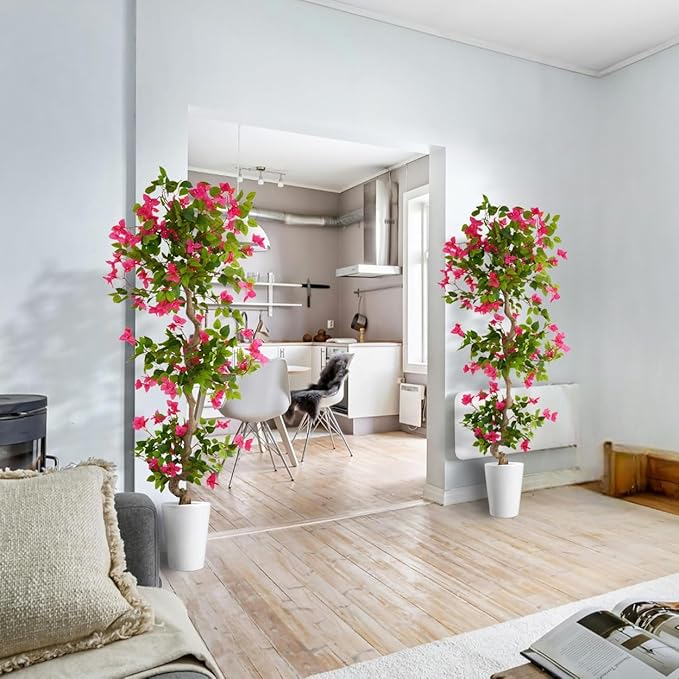 6ft Artificial Bougainvillea Tree, Fake Bougainvillea Pink Flower Silk Plant in White Planter, Faux Blooming Topiary Tree for Indoor Outdoor Home Office Wedding Décor