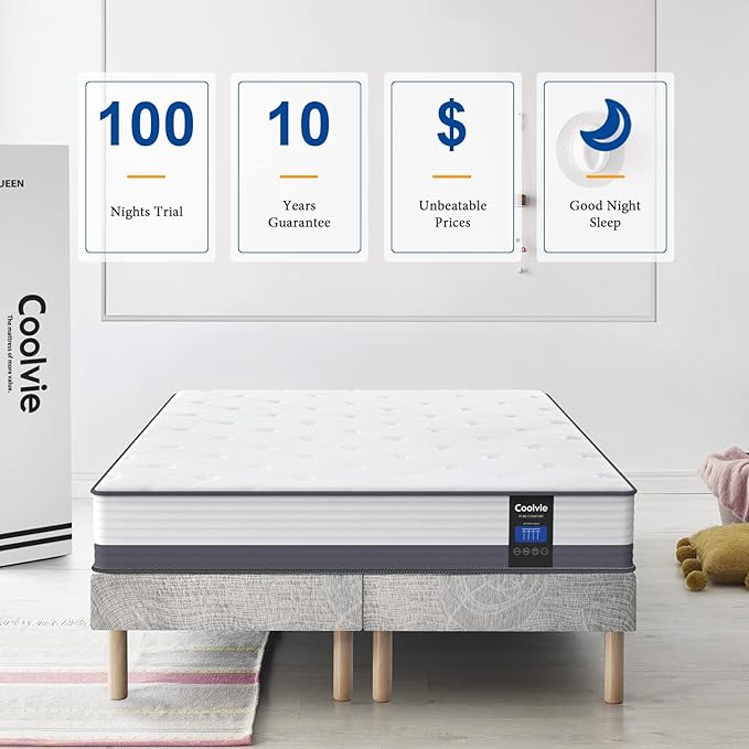 Coolvie 10 Inch Queen Mattresses, Queen Size Hybrid Mattress Built in Pocketed Coils and Gel Memory Foam Layer, Low Motion Transfer & Breathable Bed in A Box
