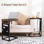 AMHANCIBLE C Shaped End Table with Charging Station, TV Tray Set of 2, Couch Tables with Storage Bag, Slide Under Sofa Side Table with USB Ports and Outlets for Living Room, Rustic Brown HET04CBR