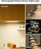 Under Cabinet Lighting 4 Inches Rechargeable Motion Sensor Light Indoor, 3 Color Dimmable Closet Light Battery Operated, USB Stick on LED Magnetic Under Counter Lights for Kitchen Stair,12 Packs