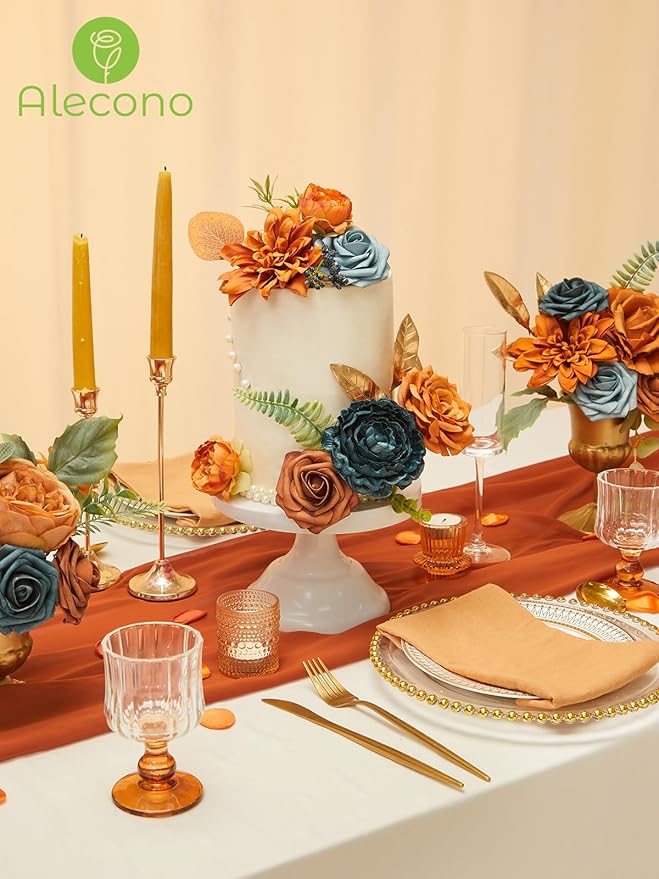 Alecono Artificial Flowers, Orange Fake Flowers for Fall Wedding Bouquets, Wedding Cake Flowers for Table Centerpieces Birthday Party Home Autumn Decor