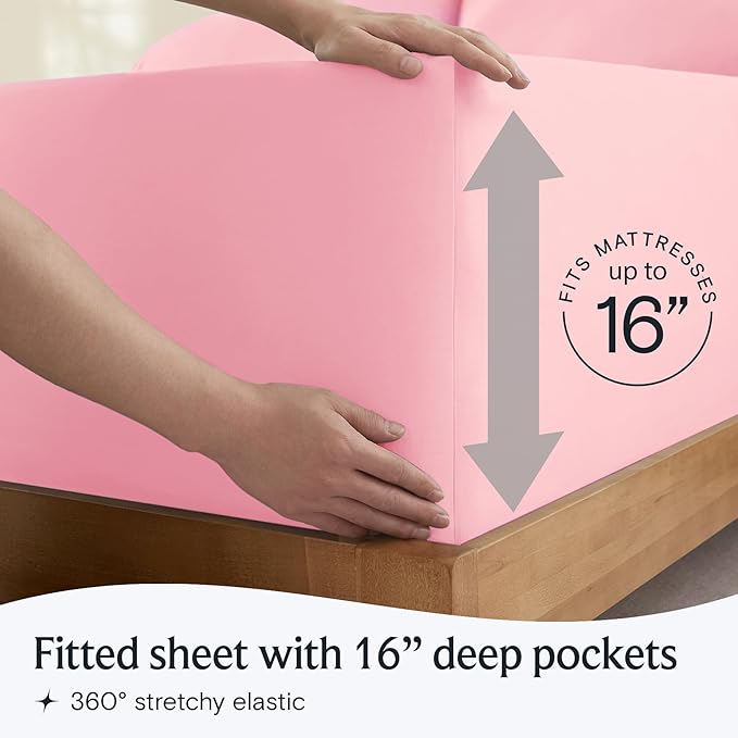 LuxClub 5 PC Sheet Set Bed Sheets Deep Pockets 16" Eco Friendly Wrinkle Free Cooling Machine Washable Hotel Bedding Silky Soft - Baby Pink Split King
