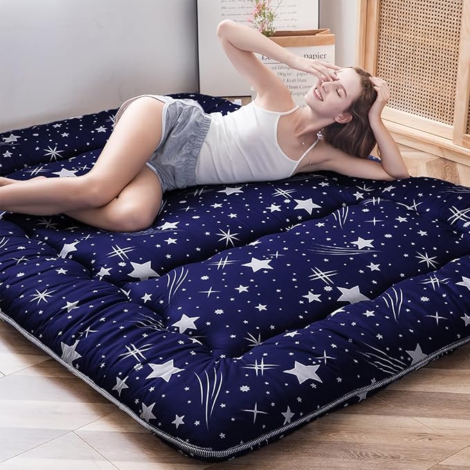 MAXYOYO Navy Starry Sky Japanese Futon Mattress, Tatami Mat Portable Camping Mattress, Kids Sleeping Pad, Foldable Roll Up Floor Lounger Couch Bed, Twin Size with Cover