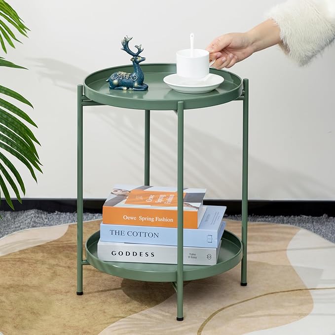 HollyHOME 2-Tier Round Side Table, Outdoor Small Folding Accent Stand with Removable Tray, Anti-Rust Metal Asional Table for Balcony Patio Living Room, Nightstand for Bedroom(Matcha Green)