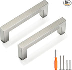 Cabinet Pulls Brushed Nickel Cabinet Handles Square Drawer Pulls, 20 Pack 3-3/4 Inch Stainless Steel Kitchen Door Cupboard Cabinet Handles, Cabinet Hardware Drawer Handles, 96mm Hole Centers