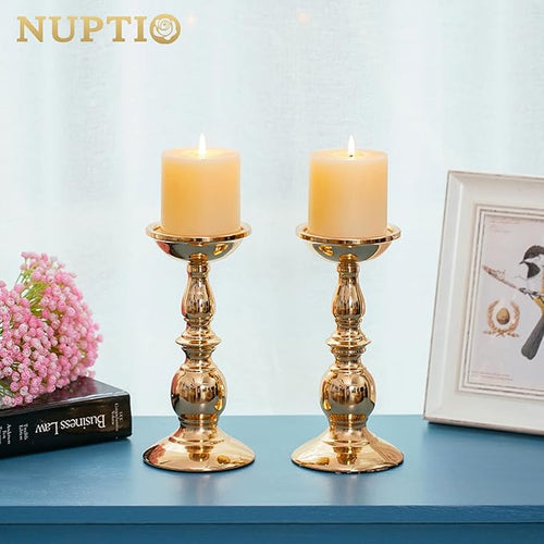 2 Pcs Gold Pillar Candle Holders, Gold Candlestick Most Ideal for 3" Pillar Candles, Gifts for Wedding, Party, Home, Spa, Reiki, Votive Candle (2 x L)