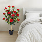 3FT Artificial Camellia Tree, 2 Pack Fake Camellia Tree Artificial Tree, Faux Floral Plants in Cement Pot, Greenery Potted Plant for Indoor Outdoor Home Office Porch Decor (Red)