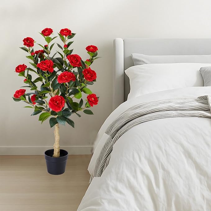 3FT Artificial Camellia Tree, 2 Pack Fake Camellia Tree Artificial Tree, Faux Floral Plants in Cement Pot, Greenery Potted Plant for Indoor Outdoor Home Office Porch Decor (Red)
