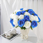32 Pcs Blue, White Artificial Flowers Roses Fake, Silk Flowers with Stems for DIY Wedding Gothic Bridal Shower Centerpieces Arrangements Tables Decorations