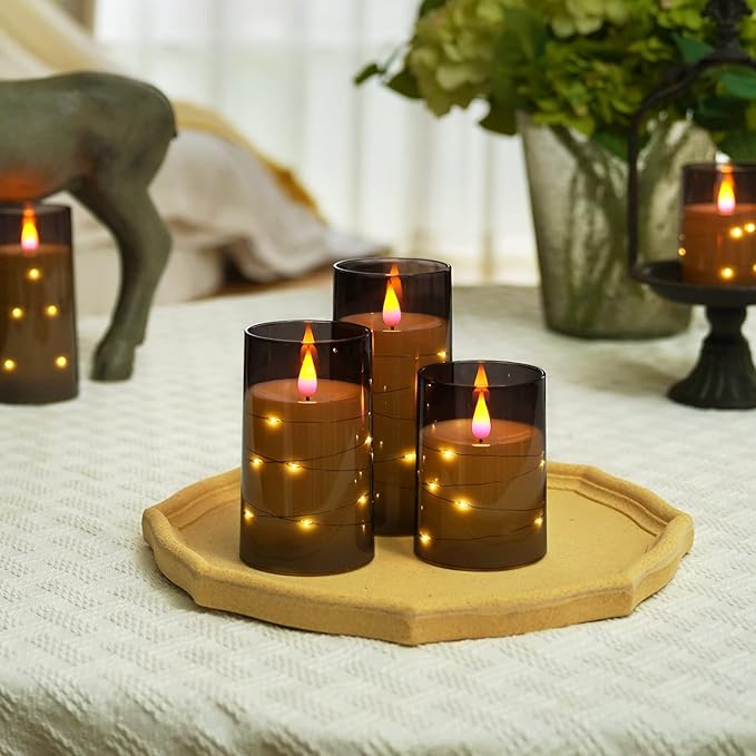 Homemory Flickering Flameless Candles with String Lights, Battery Operated Candles, Embedded String Lights LED Candles, Unbreakable Plexiglass with Remote, Set of 3, Grey