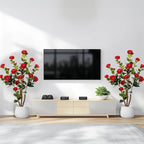 Artificial Camellia Tree 2 Pack, Artificial Plants Outdoor Faux Floral Plant in Cement Pot Fake Red Silk Camellia Tree Plants for Home House Living Room Office Decor (Red (2 Pack))