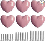 Ceramic Drawer Knobs Heart Shape Cabinet Dresser Pulls Handles with 3 Sized Screws, Kitchen Furniture Knobs for Closet Cupboard Wardrobe (6, Pink)