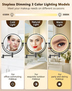ALHAKIN 9" Wall Mounted Lighted Makeup Mirror, Large Rechargeable 1X/10X Magnifying Mirror with 3 Color Lights Dimmable, 360° Rotation, Nickel