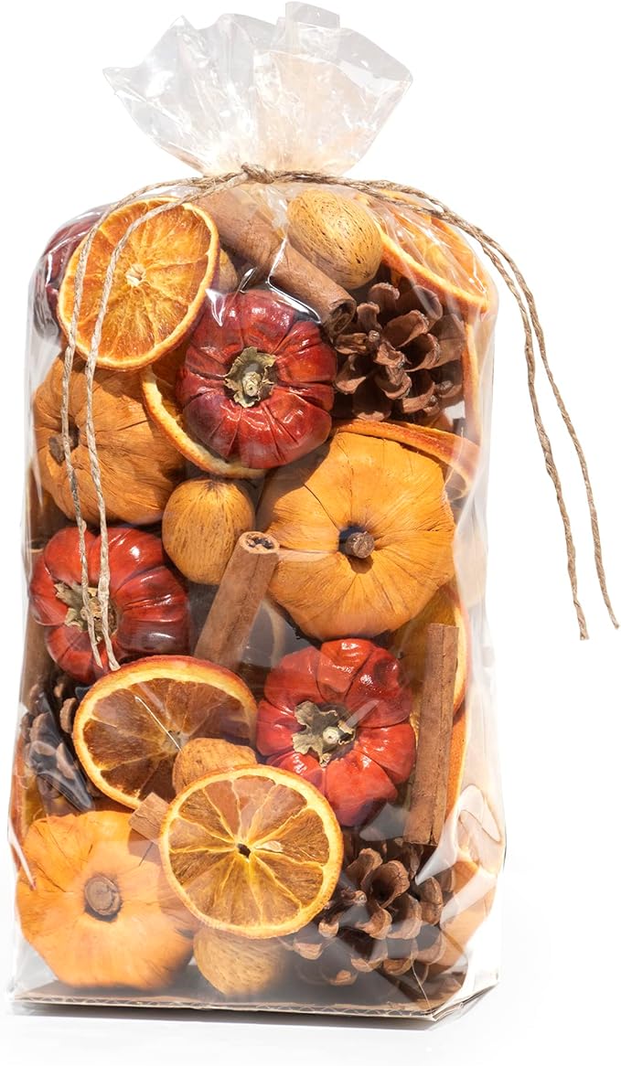 ANDALUCA Potpourri Mini Pumpkins, Cinnamon, Orange Slices & Pumpkin Spice Fragrance Vial Included Vase & Bowl Filler (Pumpkin Spice)